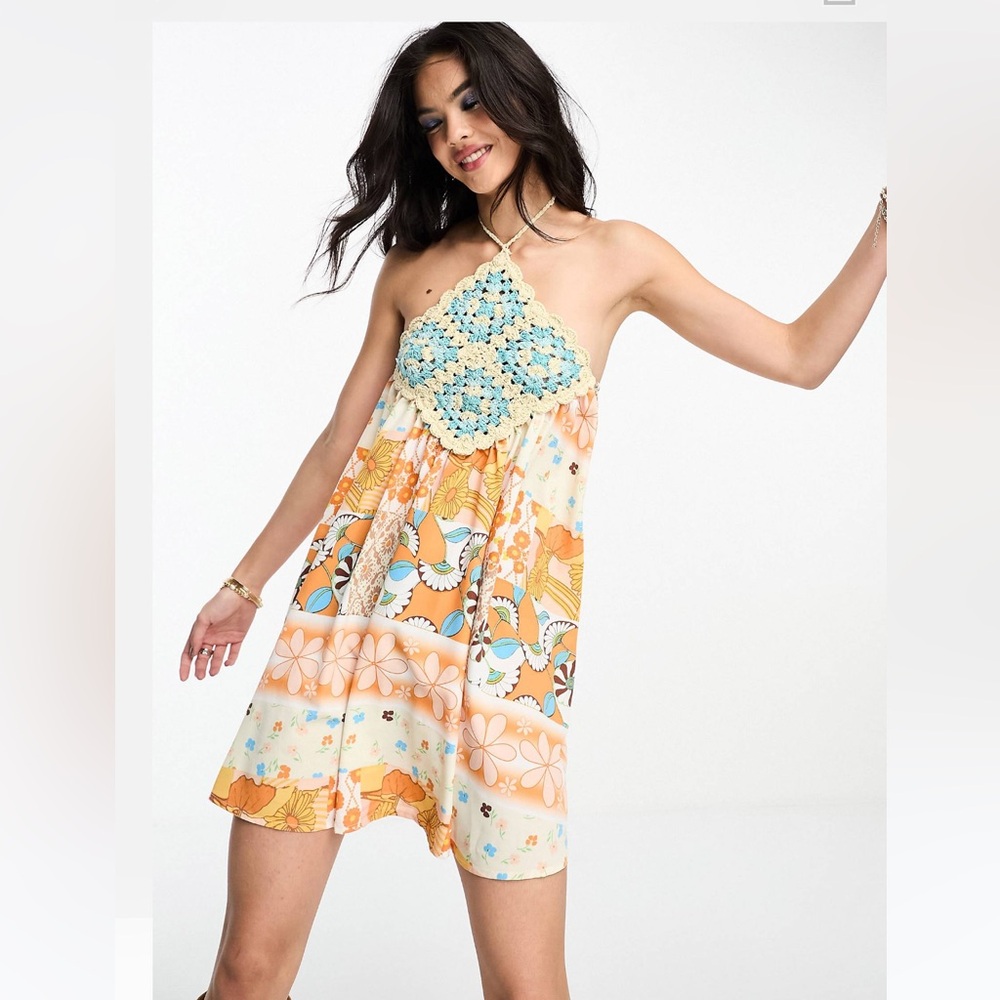 ASOS Crochet and print Halter Dress